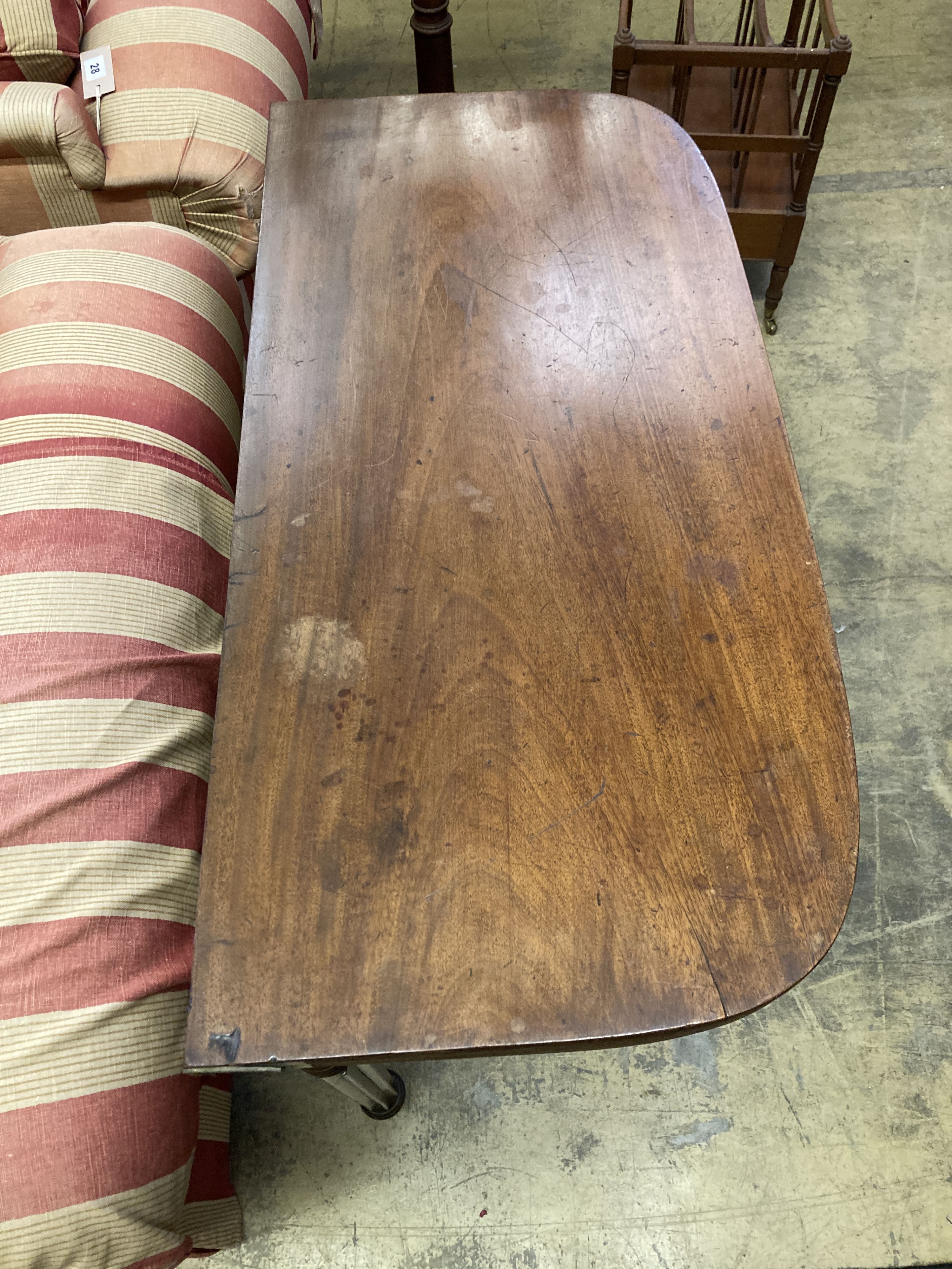 A Regency D shape mahogany folding tea table, width 93cm, depth 45cm, height 74cm